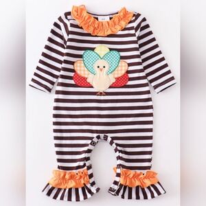 Baby Girl Ruffles and Stripes Turkey Applique Fall Romper NWOT